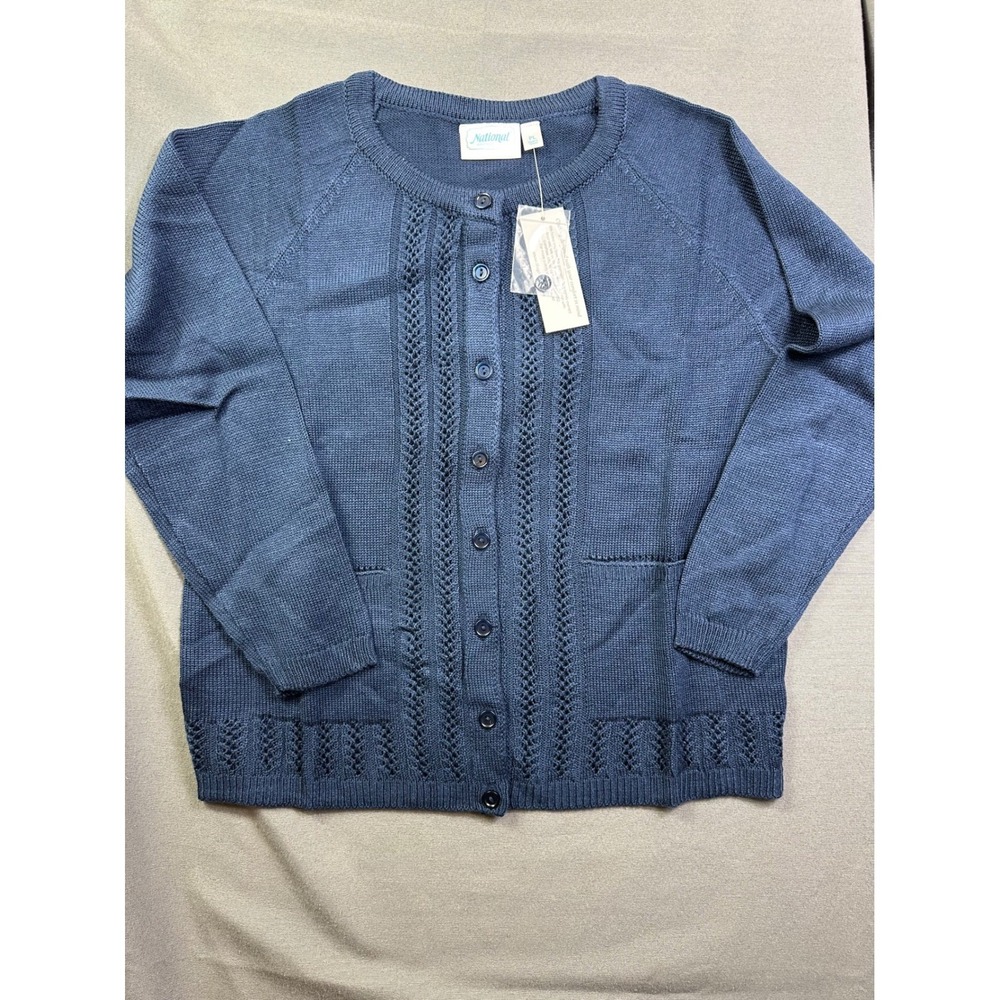 National Navy Blue Pointelle Knit Button Front Cardigan Sweater Petite Large NWT